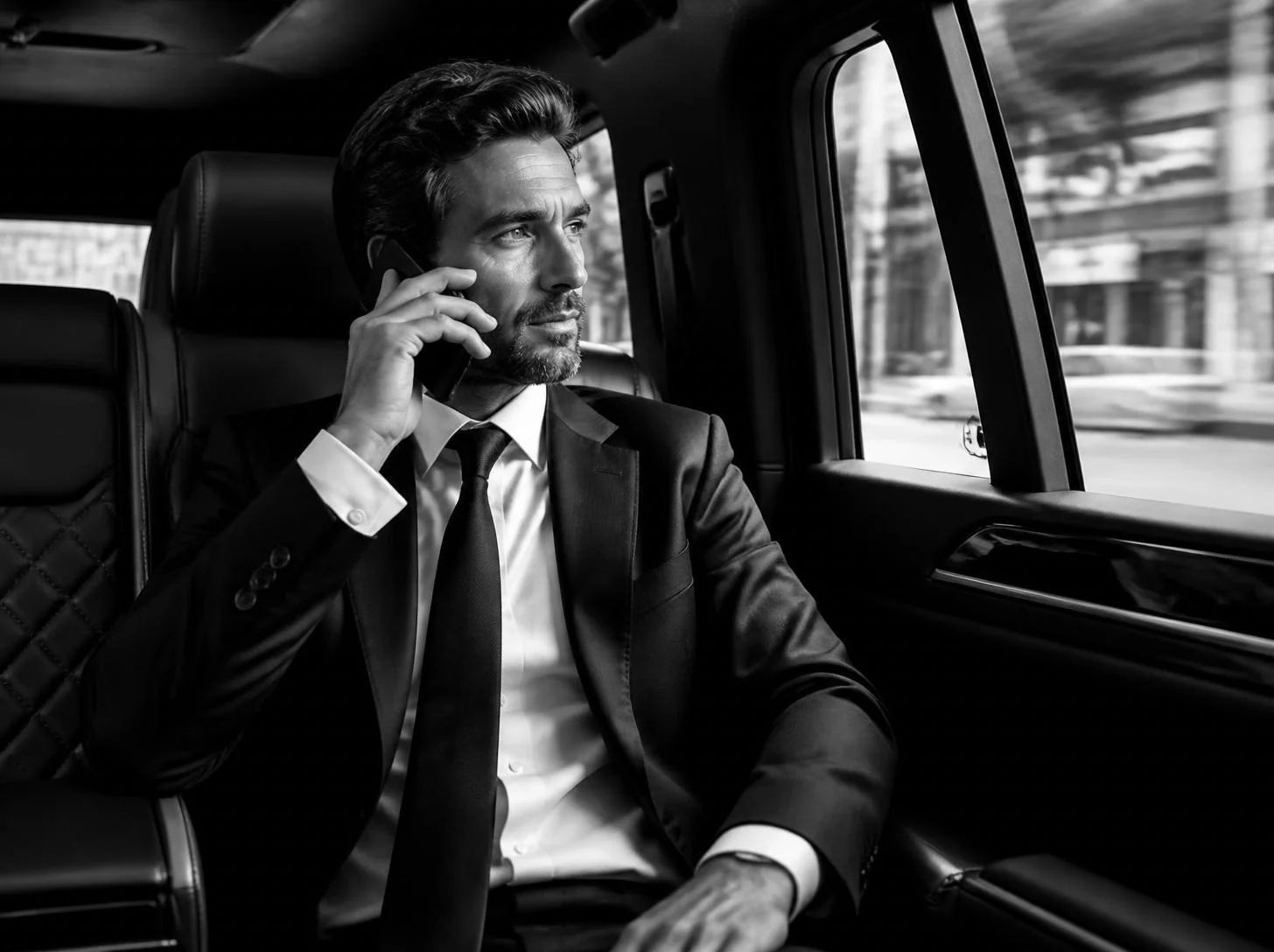 Homme d'affaires au téléphone à l'arrière d'un véhicule avec chauffeur