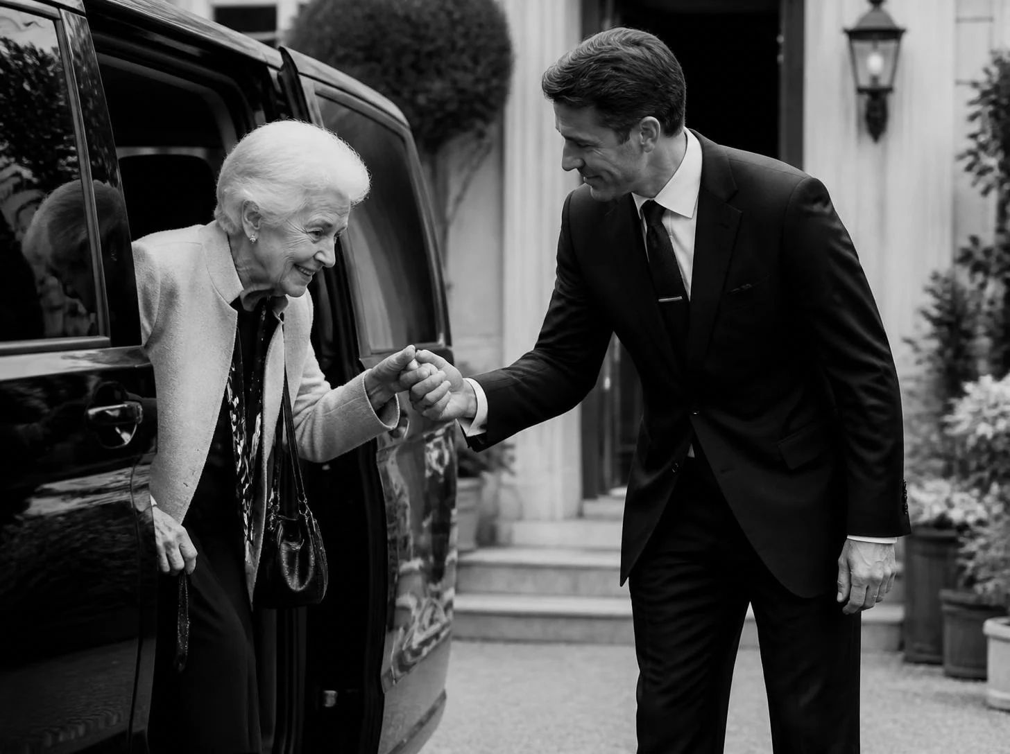 Chauffeur aidant une dame âgée à descendre du van